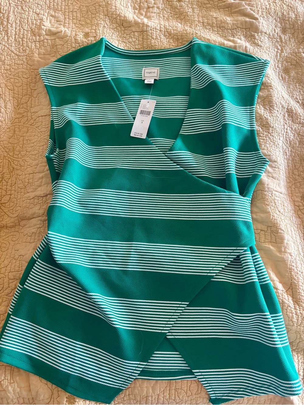 Maeve Green & White Striped V-Neck Wrap Shirt